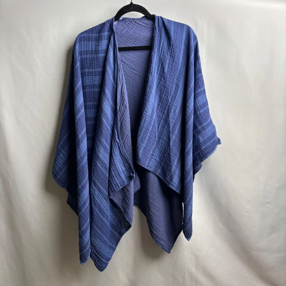 LL Bean Blue Striped Double Gauze Open Front Wrap Poncho Shawl Reversible OS